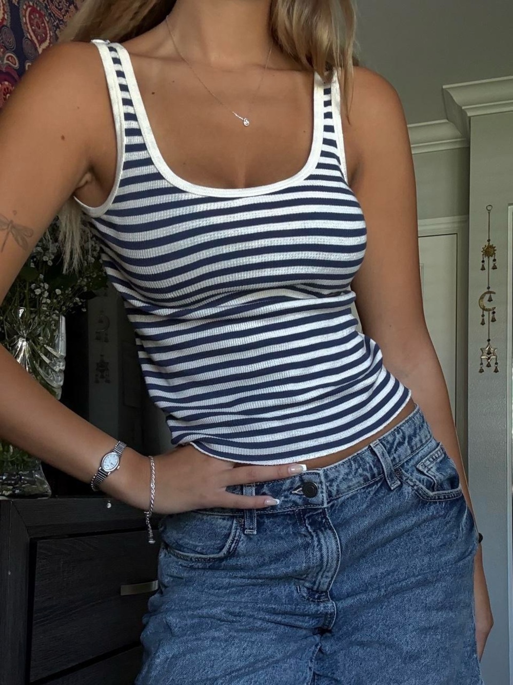 Brandy Melville Navy & White Striped Ribbed Tank